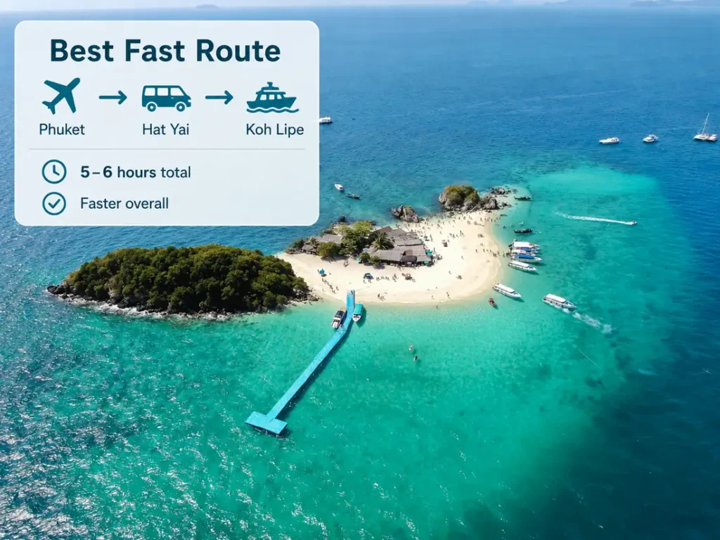 Fast route to Koh Lipe infographic showing Phuket to Hat Yai by flight, then minivan and ferry to Koh Lipe in 5 to 6 hours.