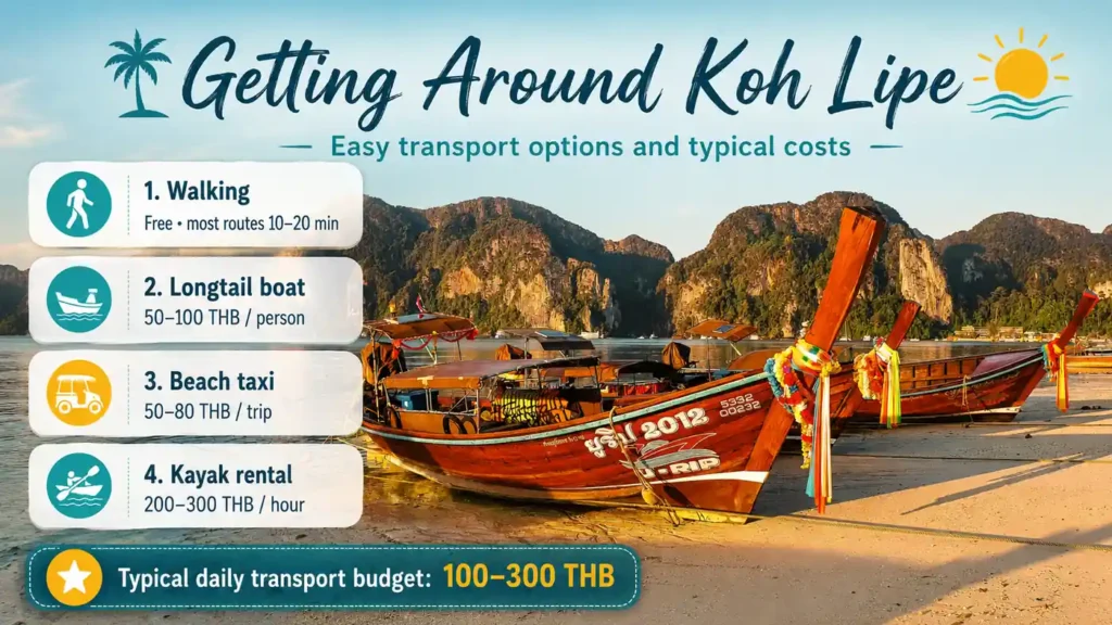 Koh Lipe transport infographic over a beach scene with longtail boats, showing walking, longtail boat, beach taxi, and kayak rental costs, plus a typical daily transport budget of 100–300 THB.