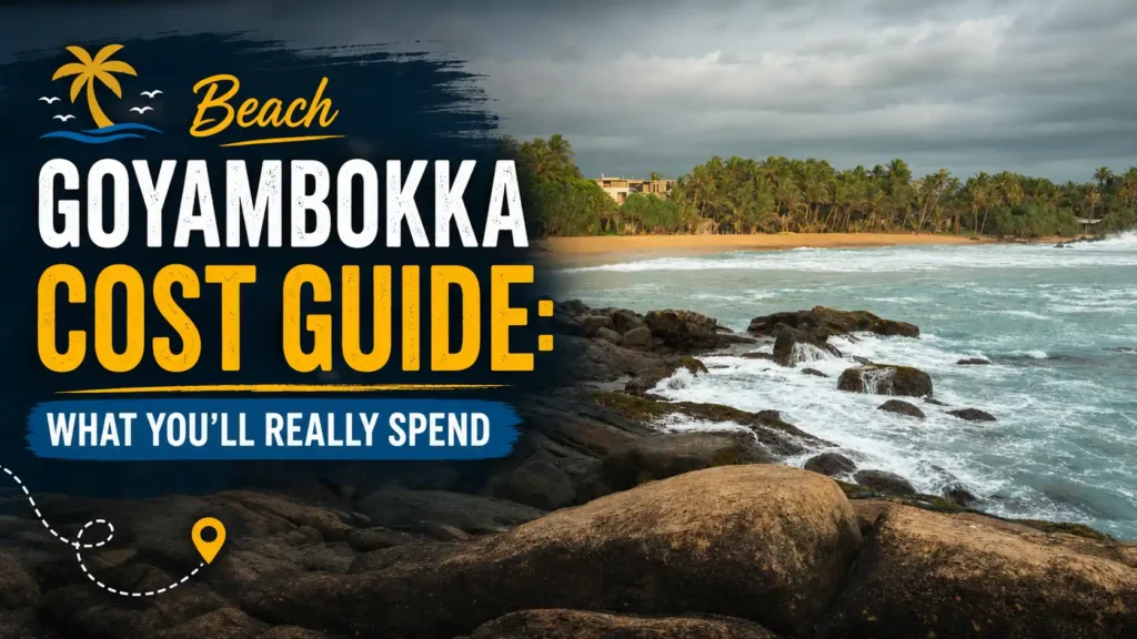 Goyambokka Beach cost guide title over a rocky Sri Lankan beach with waves, palm trees, and cloudy sky.