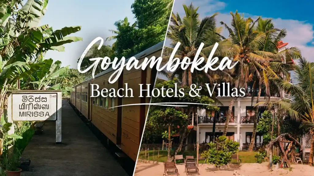Landscape graphic for Goyambokka Beach Hotels and Villas, combining a tropical train station scene with a beachfront hotel surrounded by palm trees.