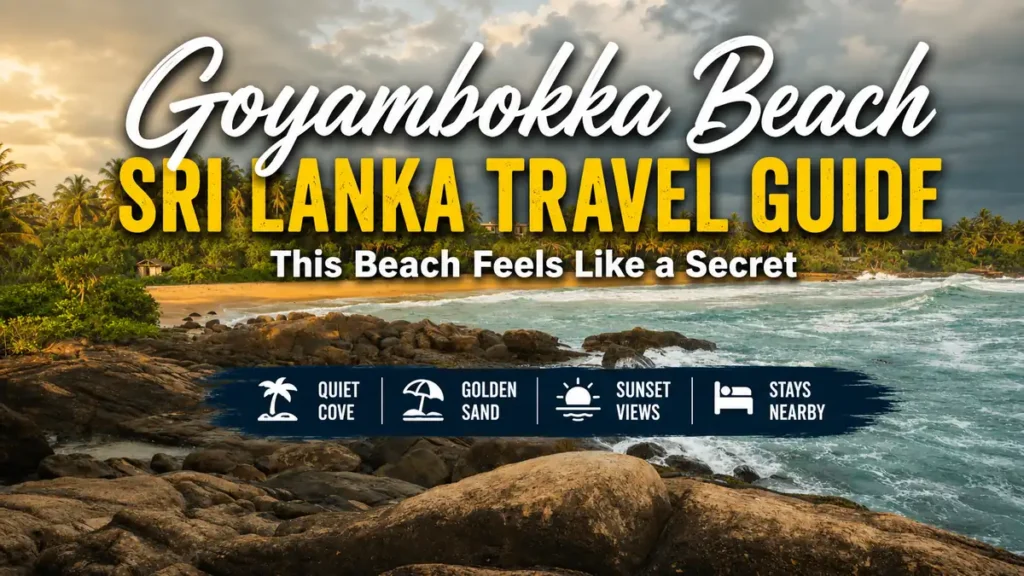 Goyambokka Beach Sri Lanka travel guide with rocky shoreline, waves, palm trees, and tropical beach scenery.