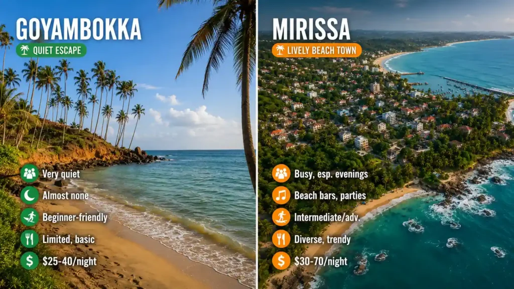 Goyambokka and Mirissa beach comparison image showing Goyambokka as a quiet escape and Mirissa as a lively beach town in Sri Lanka.
