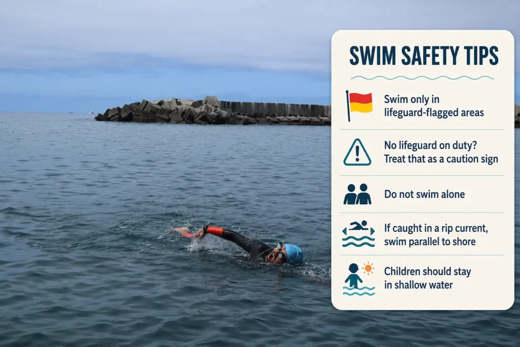 Swim safety infographic showing a swimmer in the sea beside key beach safety tips, including swimming in lifeguard-flagged areas, avoiding solo swims, watching for rip currents, and keeping children in shallow water.