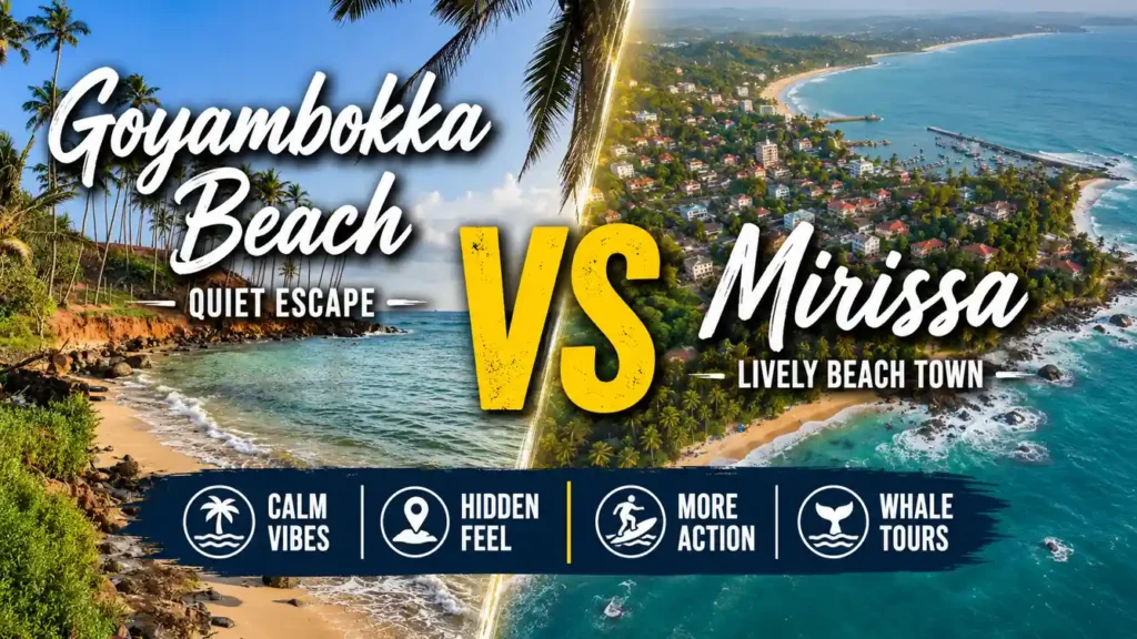 Comparison graphic of Goyambokka Beach vs Mirissa in Sri Lanka, showing a calm palm-lined cove on one side and Mirissa’s lively coastal town and shoreline on the other.