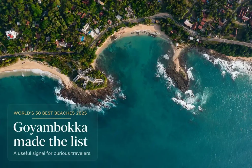 Aerial view of Goyambokka Beach with text highlighting its inclusion in the World’s 50 Best Beaches 2025 list.
