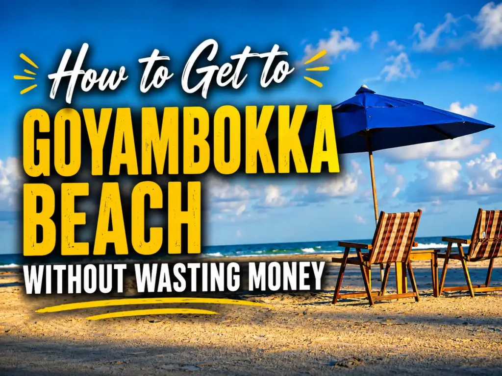 How to get to Goyambokka Beach without wasting money, with beach chairs and umbrella on a sunny Sri Lanka beach.