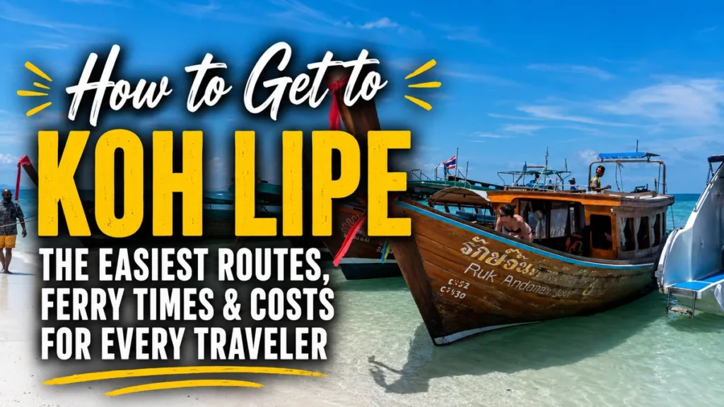 Travel guide image showing how to get to Koh Lipe with longtail boats on a tropical beach and bold ferry route title text.