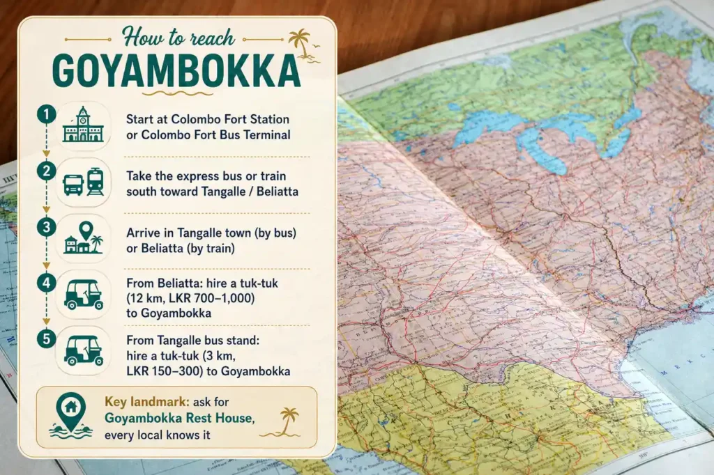 Travel infographic showing how to reach Goyambokka, with step-by-step directions from Colombo by bus or train and tuk-tuk options from Tangalle or Beliatta