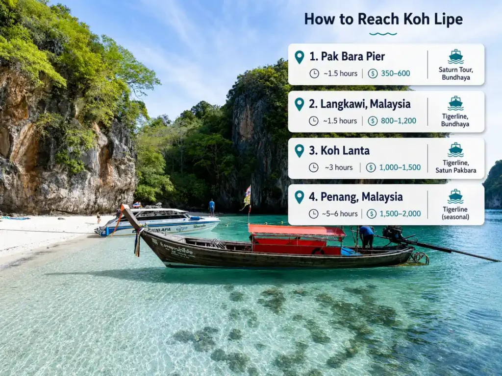 Tropical island beach with clear blue water, boats, white sand, and green hills under a bright sky