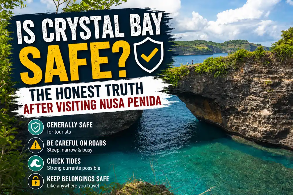Crystal Bay safety guide thumbnail with rocky coastline and travel tips.