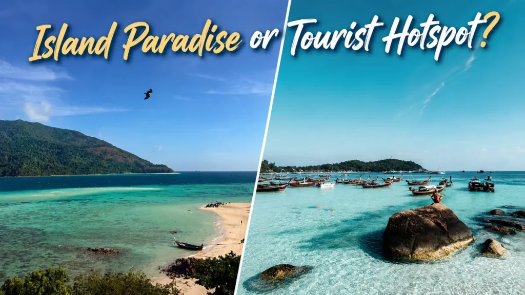 Split-screen beach comparison showing a quiet island paradise beside a busy tourist hotspot with boats and turquoise water.