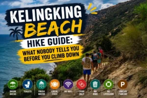 Kelingking Beach hiking trail with guide information icons.