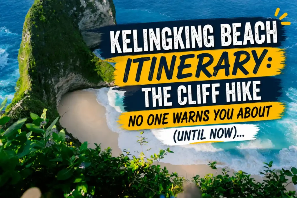 Kelingking Beach aerial view with bold itinerary travel thumbnail text.