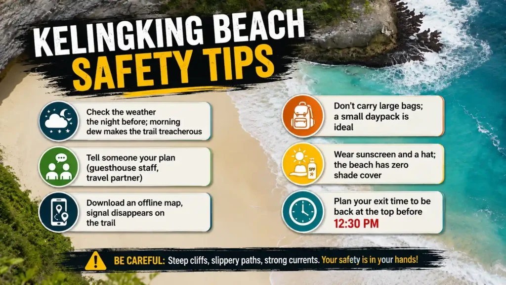 Kelingking Beach safety tips infographic with hiking advice, weather checks, offline maps, sunscreen reminders, and exit time recommendations in Nusa Penida, Bali.
