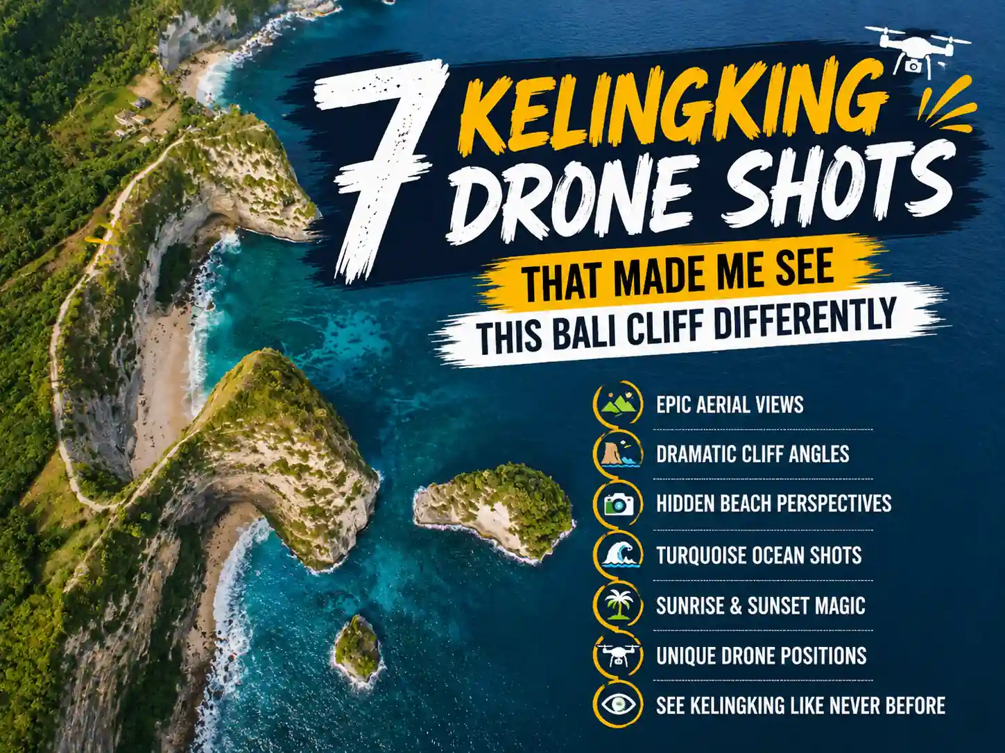 7 Kelingking drone shots thumbnail featuring Bali's iconic T-Rex cliff.
