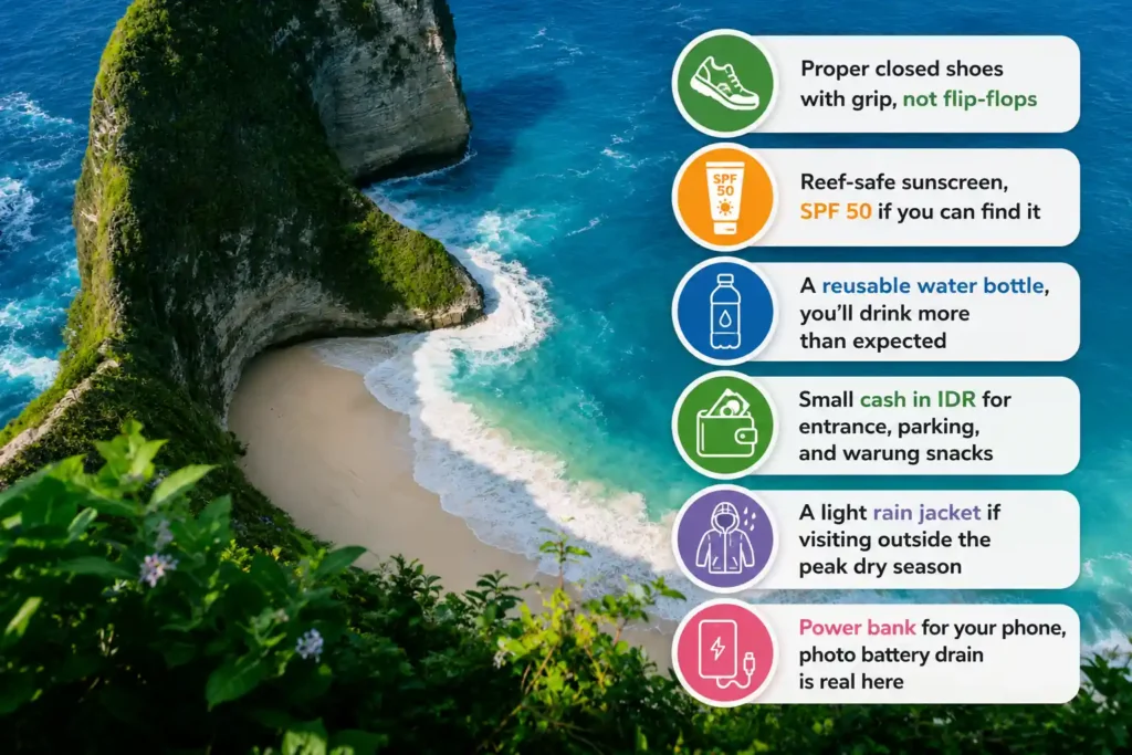 Kelingking Beach packing essentials infographic.