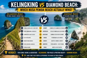 Kelingking Beach vs Diamond Beach comparison infographic.