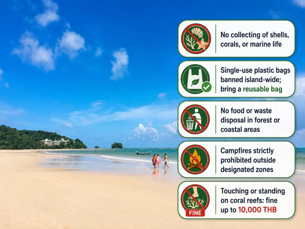 Koh Chang beach rules infographic with eco-friendly visitor guidelines. 