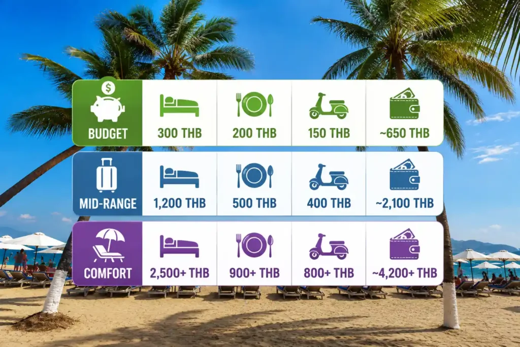 Koh Chang daily budget comparison infographic on a tropical beach.