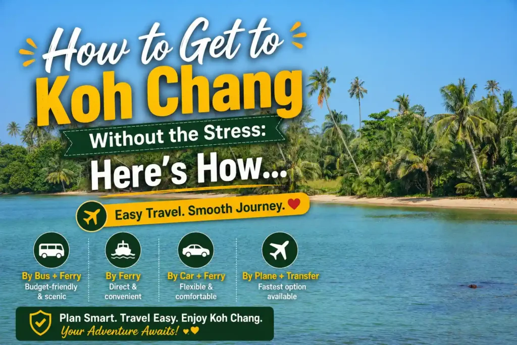Koh Chang tropical beach with travel guide title