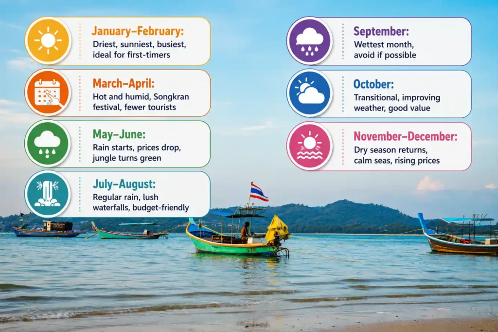 Koh Chang monthly weather and travel guide infographic.