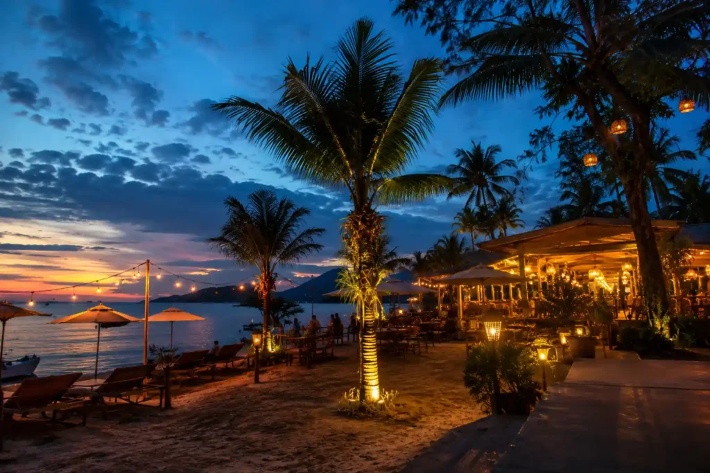 Koh Chang beachfront nightlife at sunset 
