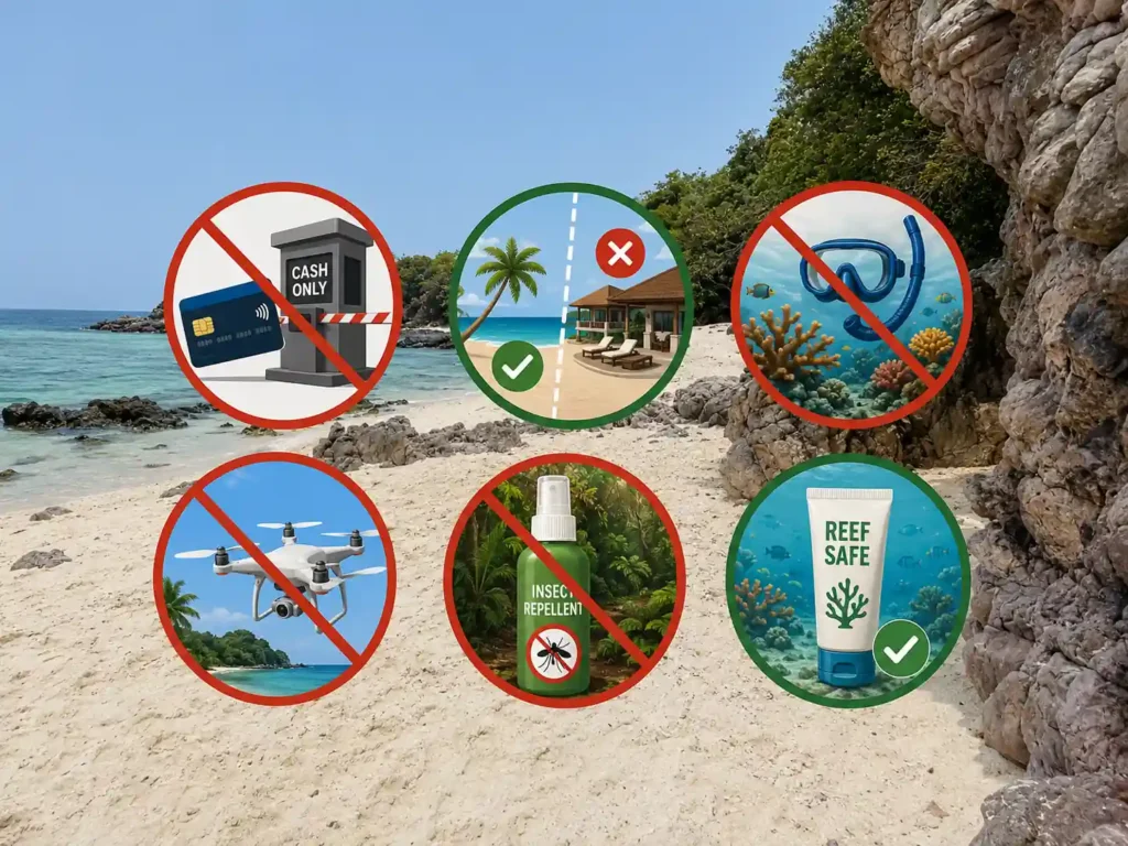 Koh Chang travel tips infographic with essential visitor icons. 