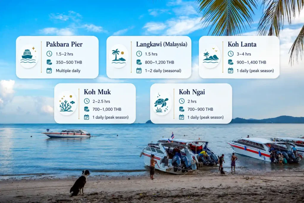 Infographic showing Koh Lipe ferry routes from Pakbara Pier, Langkawi, Koh Lanta, Koh Muk, and Koh Ngai with travel times, fares, and daily frequency over a beach boat scene.