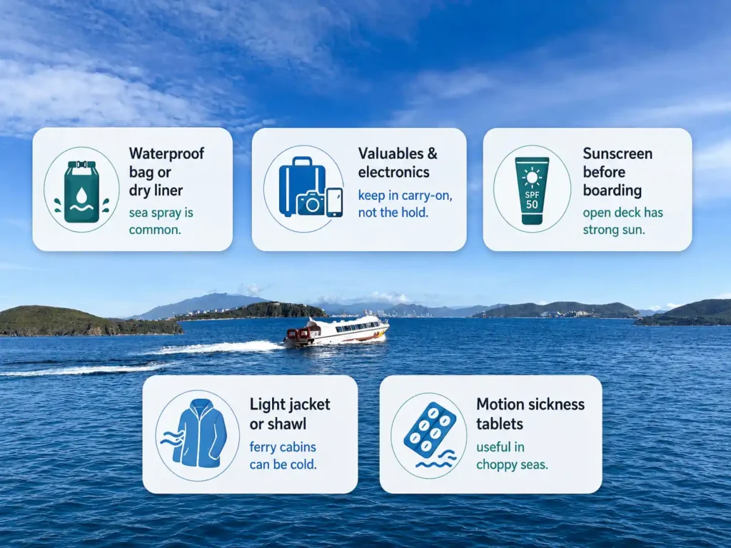 Travel tips infographic over a speedboat-at-sea photo, showing waterproof bag use, keeping valuables in carry-on, applying sunscreen, bringing a light jacket, and carrying motion sickness tablets.