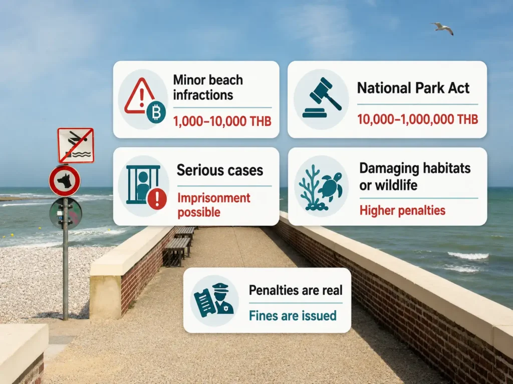 Beach penalties infographic showing fines for minor beach infractions, National Park Act violations, serious cases, habitat or wildlife damage, and notice that fines are actively issued at Koh Lipe.
