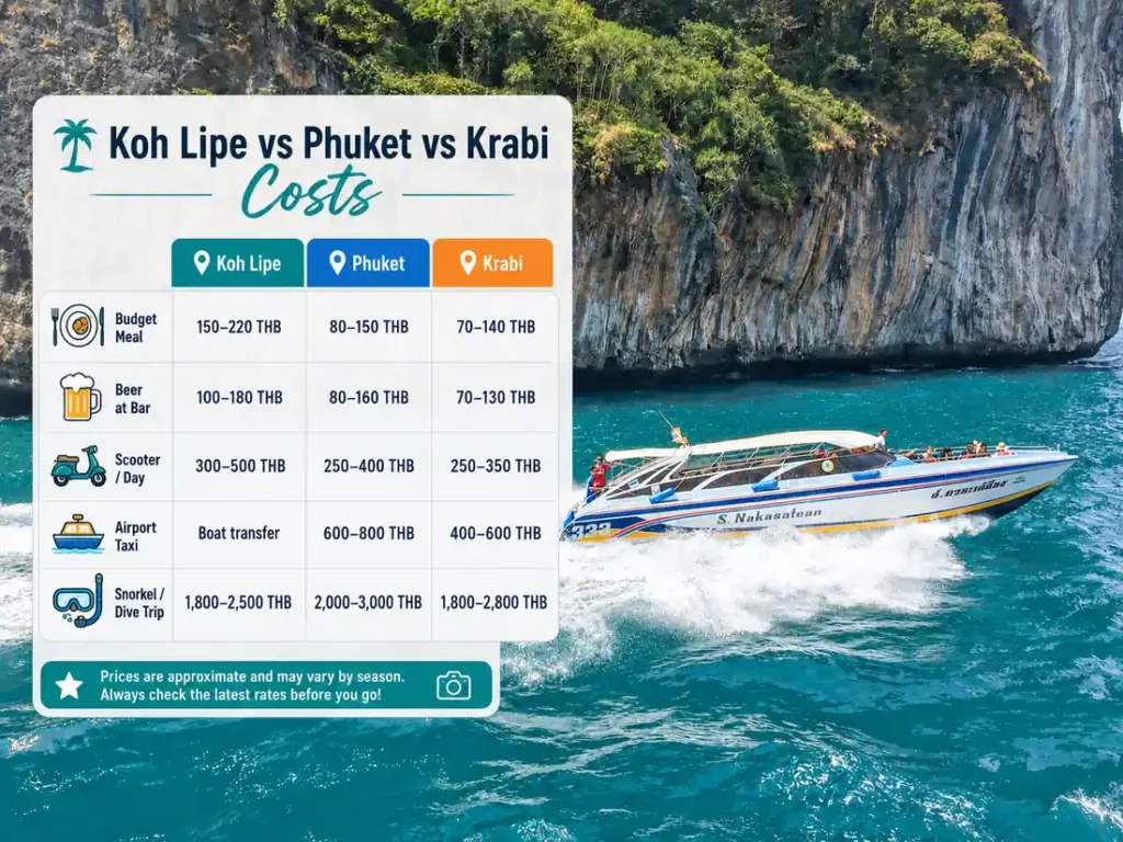Koh Lipe, Phuket, and Krabi cost comparison infographic showing meal, beer, scooter, taxi, and snorkel trip prices over a speedboat scene.