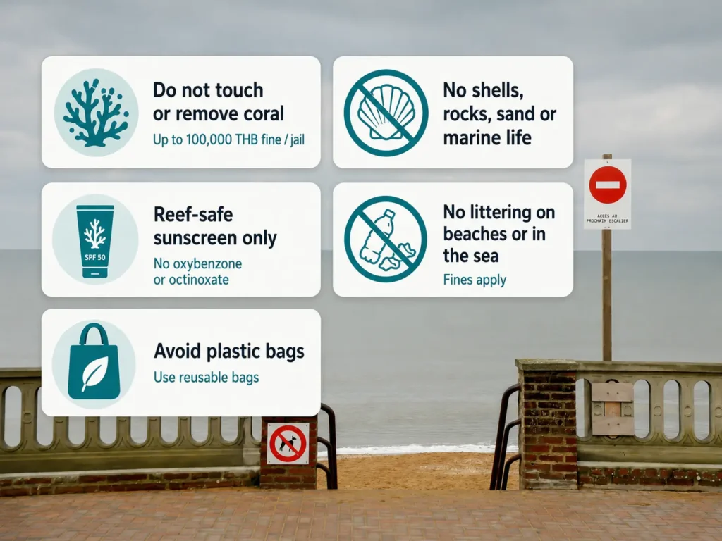 Environmental rules infographic at a beach access point, showing no coral removal, no collecting shells or marine life, reef-safe sunscreen only, no littering, and avoiding plastic bags.