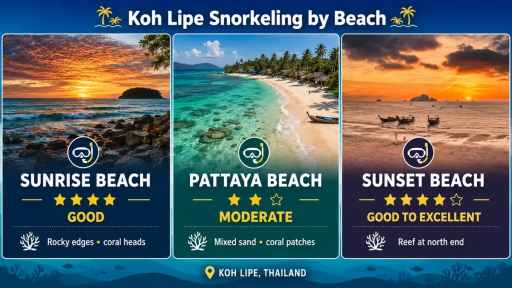 Infographic comparing Koh Lipe snorkeling beaches, showing Sunrise Beach as good with rocky coral edges, Pattaya Beach as moderate with mixed sand and coral patches, and Sunset Beach as good to excellent with reef at the north end.