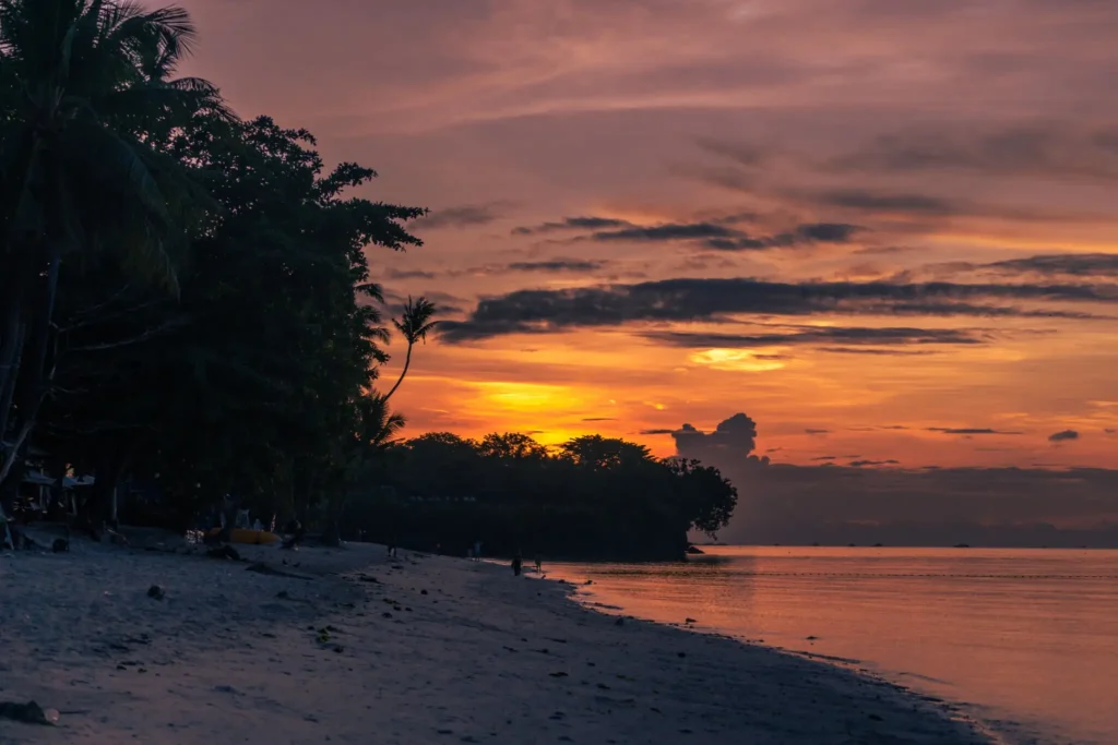 Peaceful Koh Lipe beach at sunset with palm trees, orange skies, calm water, and silhouettes along the shoreline.