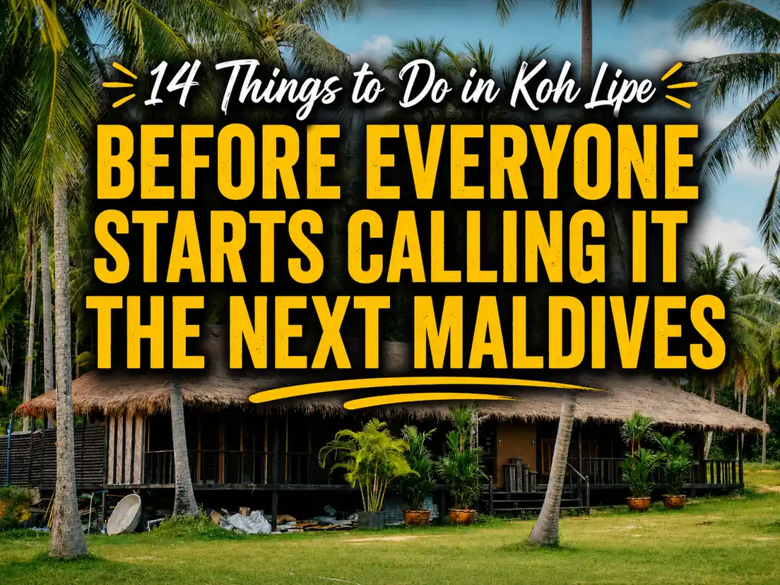 Tropical Koh Lipe bungalow scene with palm trees and bold text about 14 things to do before it becomes the next Maldives.