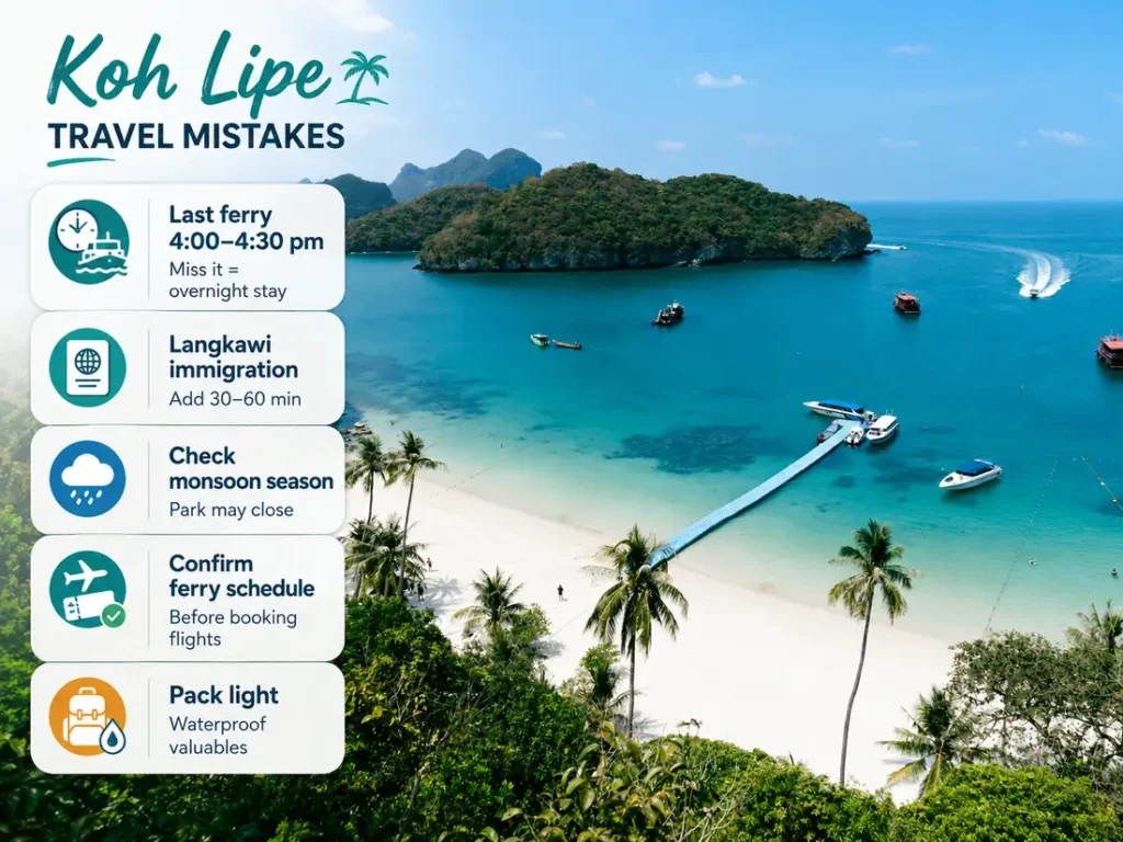 Koh Lipe travel mistakes infographic over a tropical beach view, showing ferry timing, immigration delay, monsoon check, ferry schedule reminder, and packing tips.