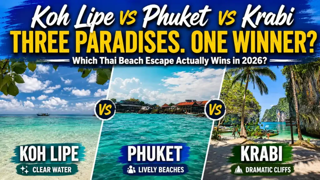 Koh Lipe vs Phuket vs Krabi comparison graphic showing clear water, lively beaches, and dramatic cliffs for a Thai beach escape in 2026.