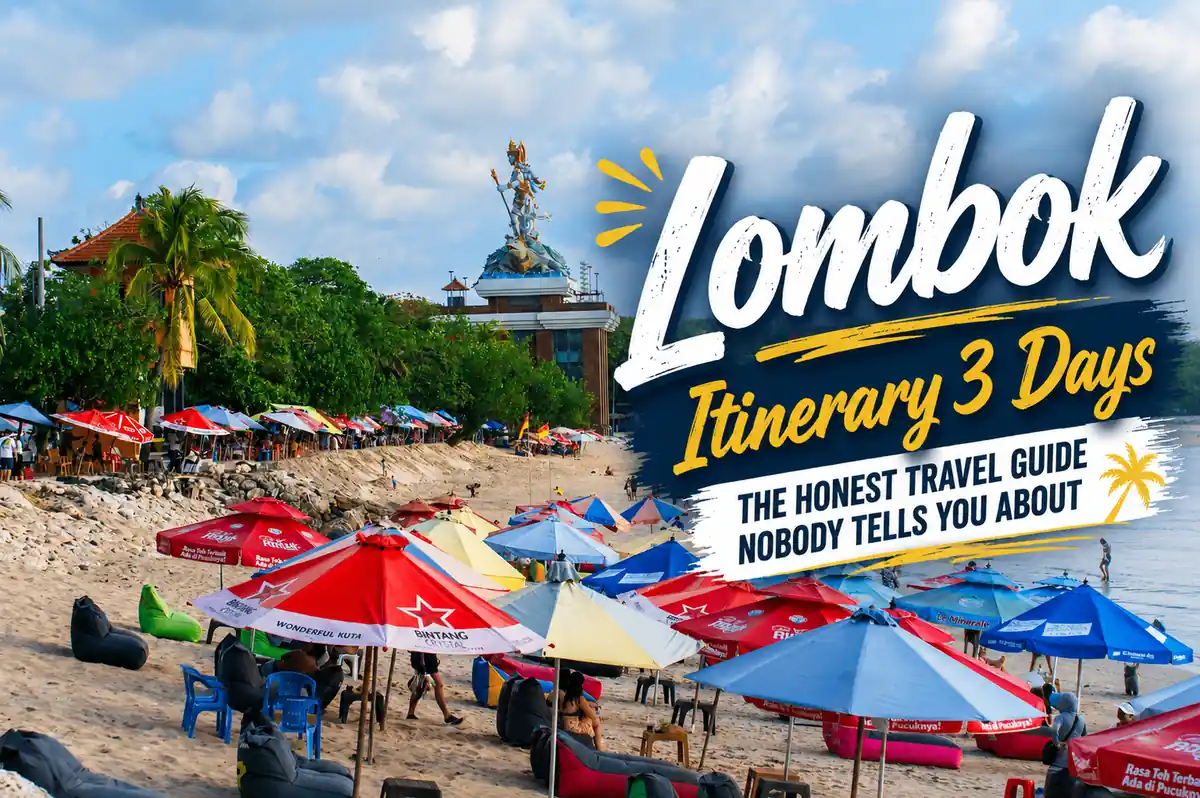 Lombok beach with colorful umbrellas and a bold travel title overlay for a 3-day Lombok itinerary guide.