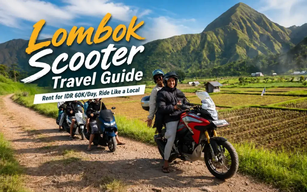 Tourists riding scooters through Lombok’s green mountain valleys with title text for a Lombok scooter travel guide.