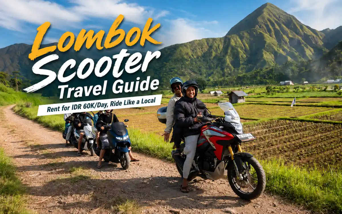 Tourists riding scooters through Lombok’s green mountain valleys with title text for a Lombok scooter travel guide.