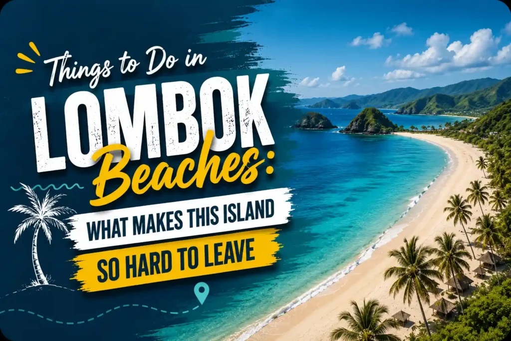 Scenic Lombok beach with turquoise water and palm-lined shore.