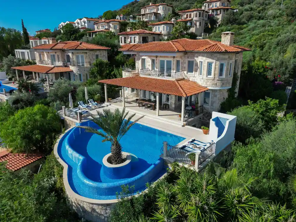 Luxury hillside villa with a private blue pool, palm trees, sun loungers, red tile roof, and lush tropical greenery.