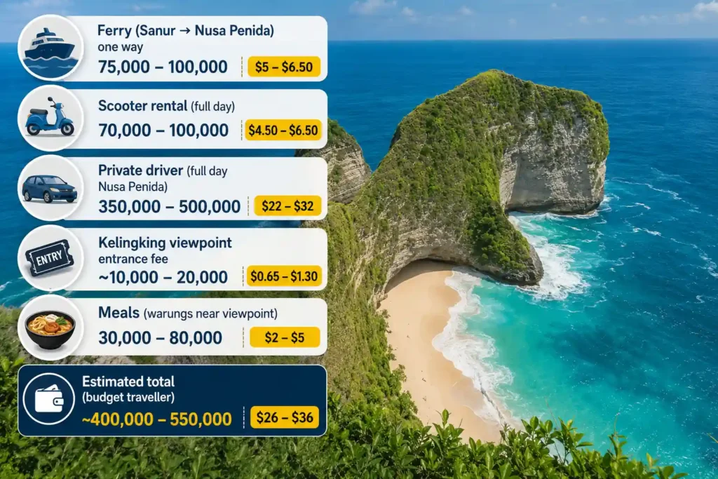Infographic showing ferry, transport, entrance fee, meal costs, and total budget for visiting Kelingking Beach and Nusa Penida.