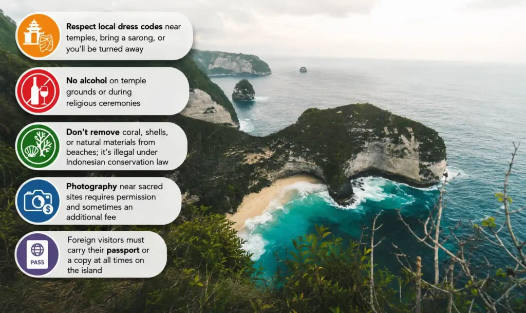 Nusa Penida cultural and travel rules infographic.
