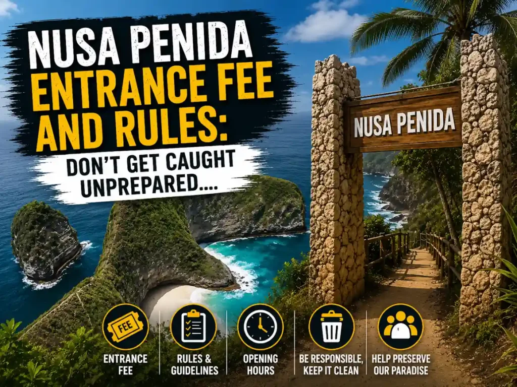 Nusa Penida entrance fee and rules travel guide thumbnail with iconic cliffs and stone gate.