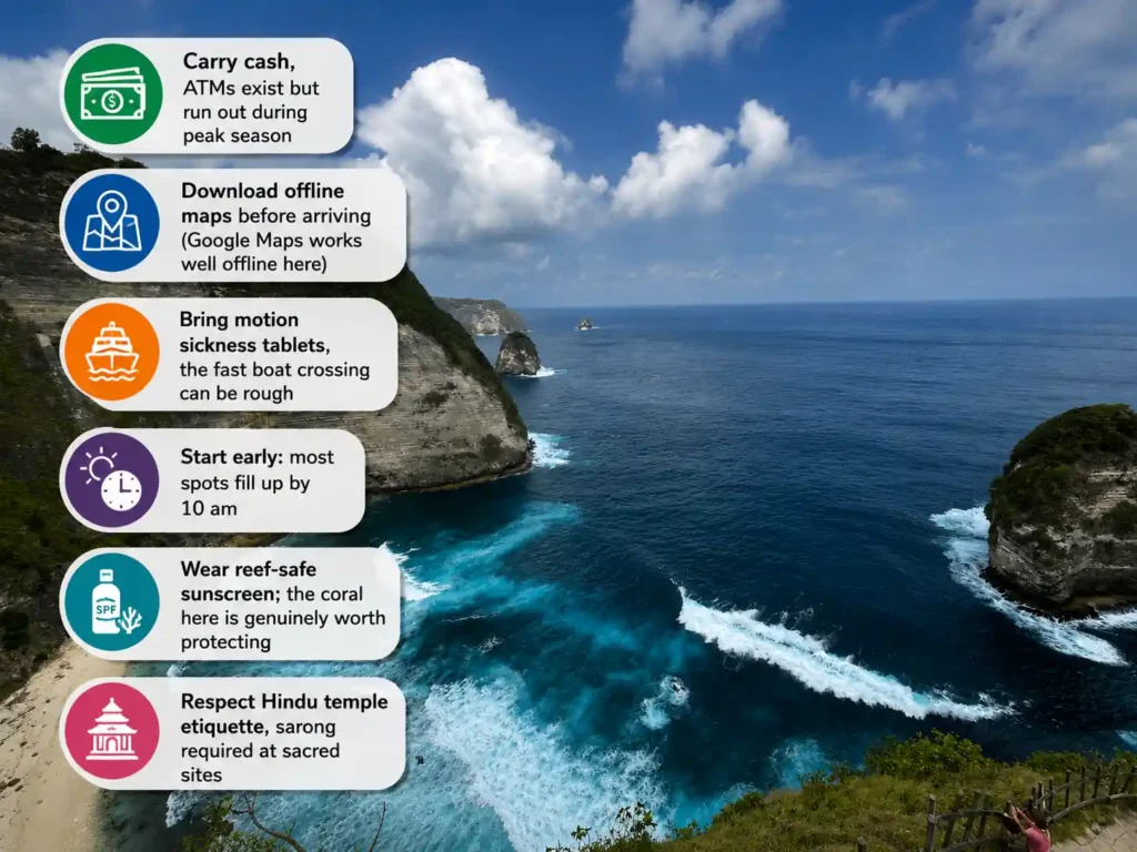 Nusa Penida travel tips infographic with cash, offline maps, and reef-safe sunscreen advice.