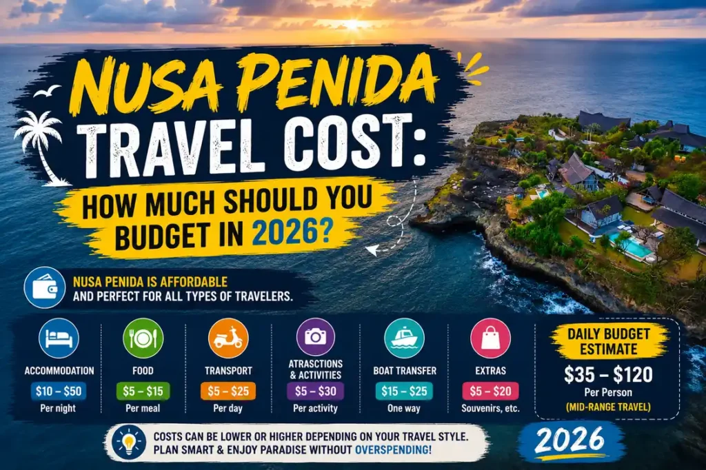 Nusa Penida travel cost and budget infographic 2026.