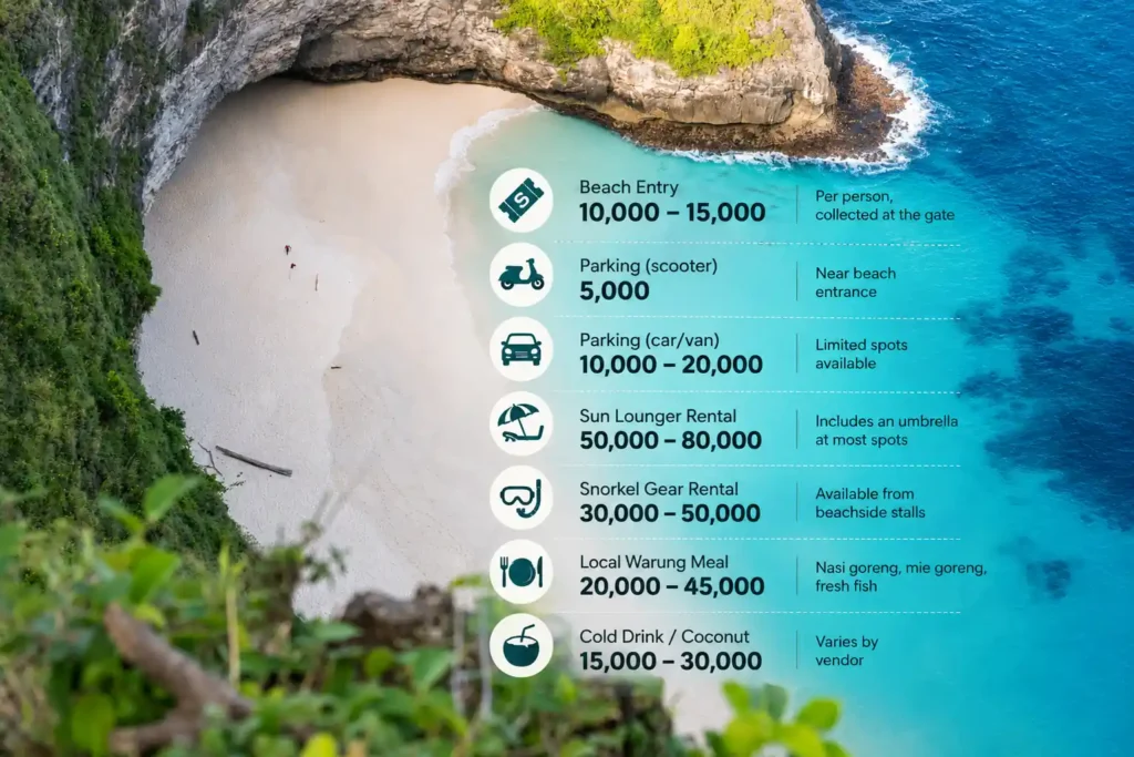 Aerial view of Kelingking Beach with visitor cost infographic.