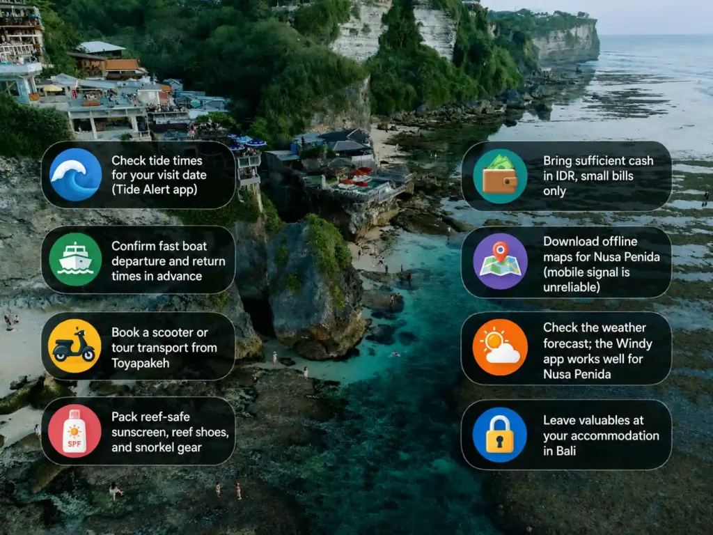 Aerial coastal view with Nusa Penida travel tips infographic.