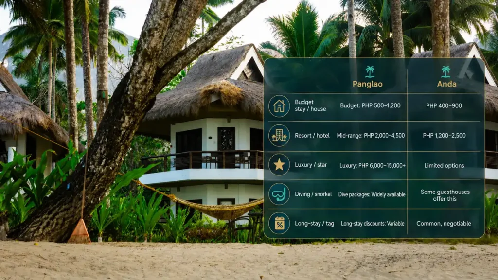 Tropical resort infographic comparing Panglao and Anda accommodation prices, luxury options, dive packages, and long-stay discounts. 